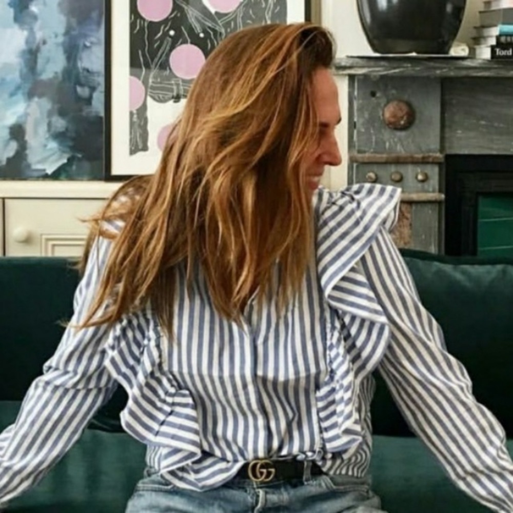 Striped Ruffle Button-Down Shirt - Picture 2 of 7
